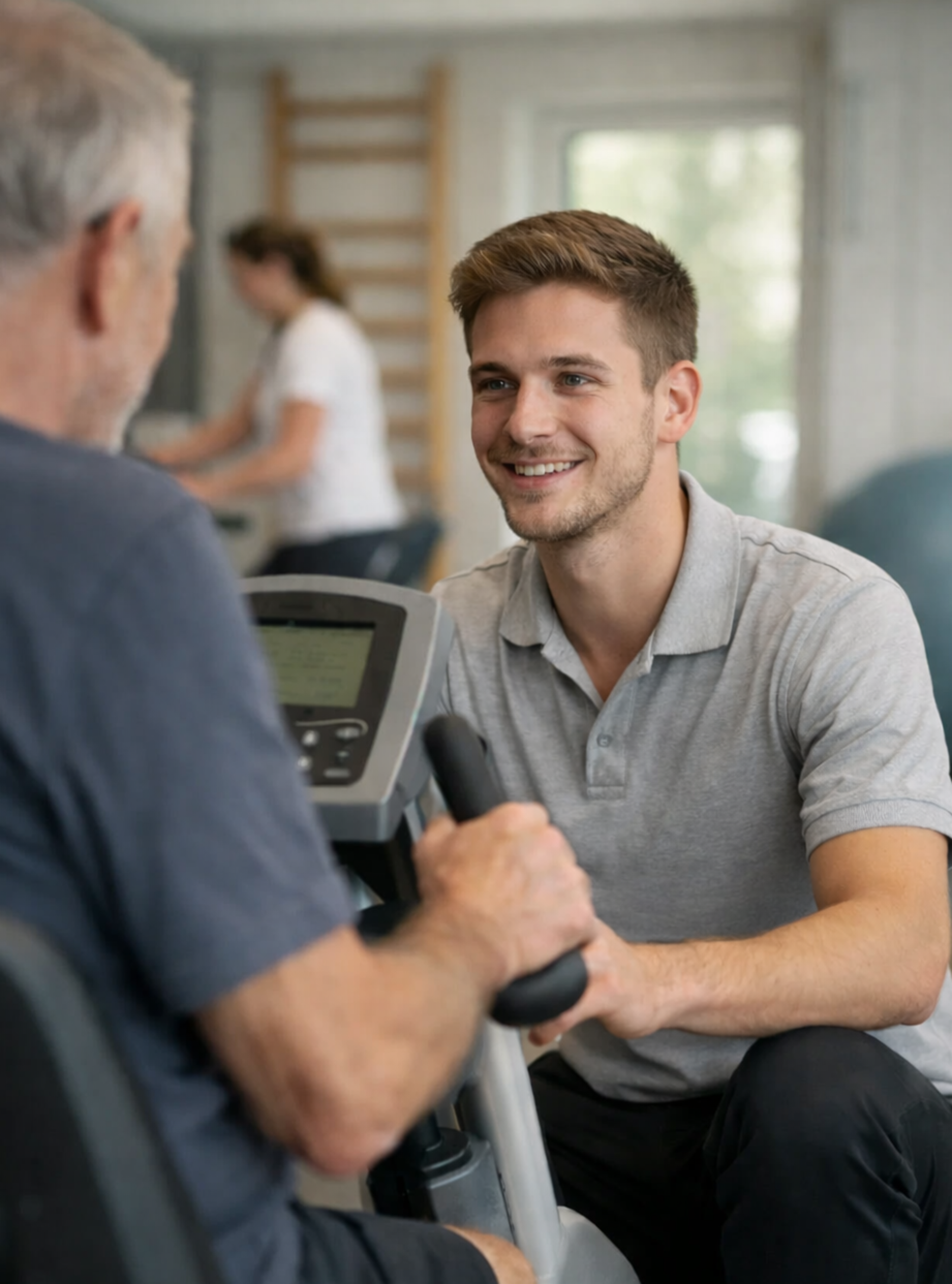 Ein junger Mann redet mit einem Patienten.