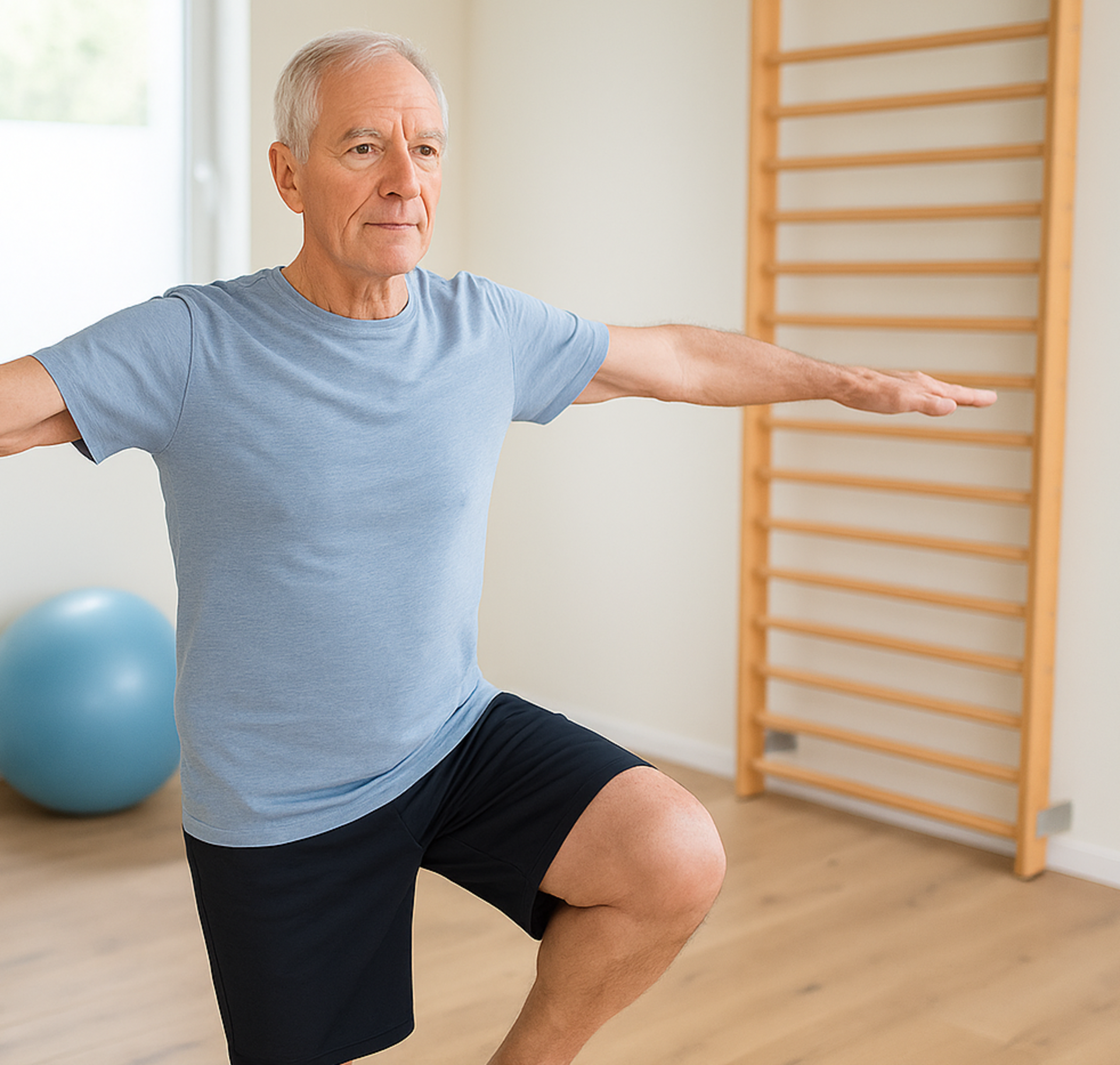 Gleichgewichtstraining Ein Mann macht Gleichgewichtsübungen auf einem Bein.