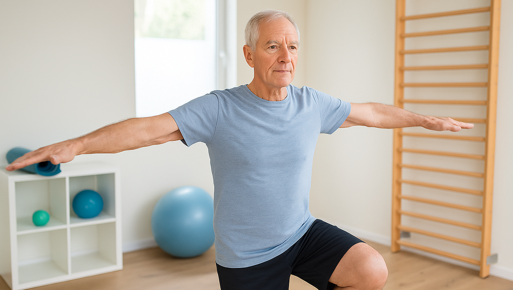 Gleichgewichtstraining Ein Mann macht Gleichgewichtsübungen auf einem Bein.