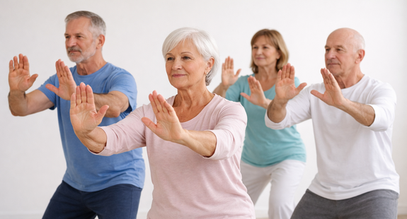 Qigong Gruppe Vier Leute machen Qigong indoor.