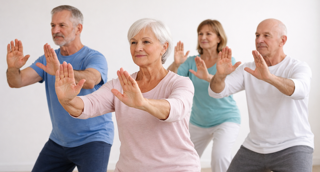 Qigong Gruppe Vier Leute machen Qigong indoor.