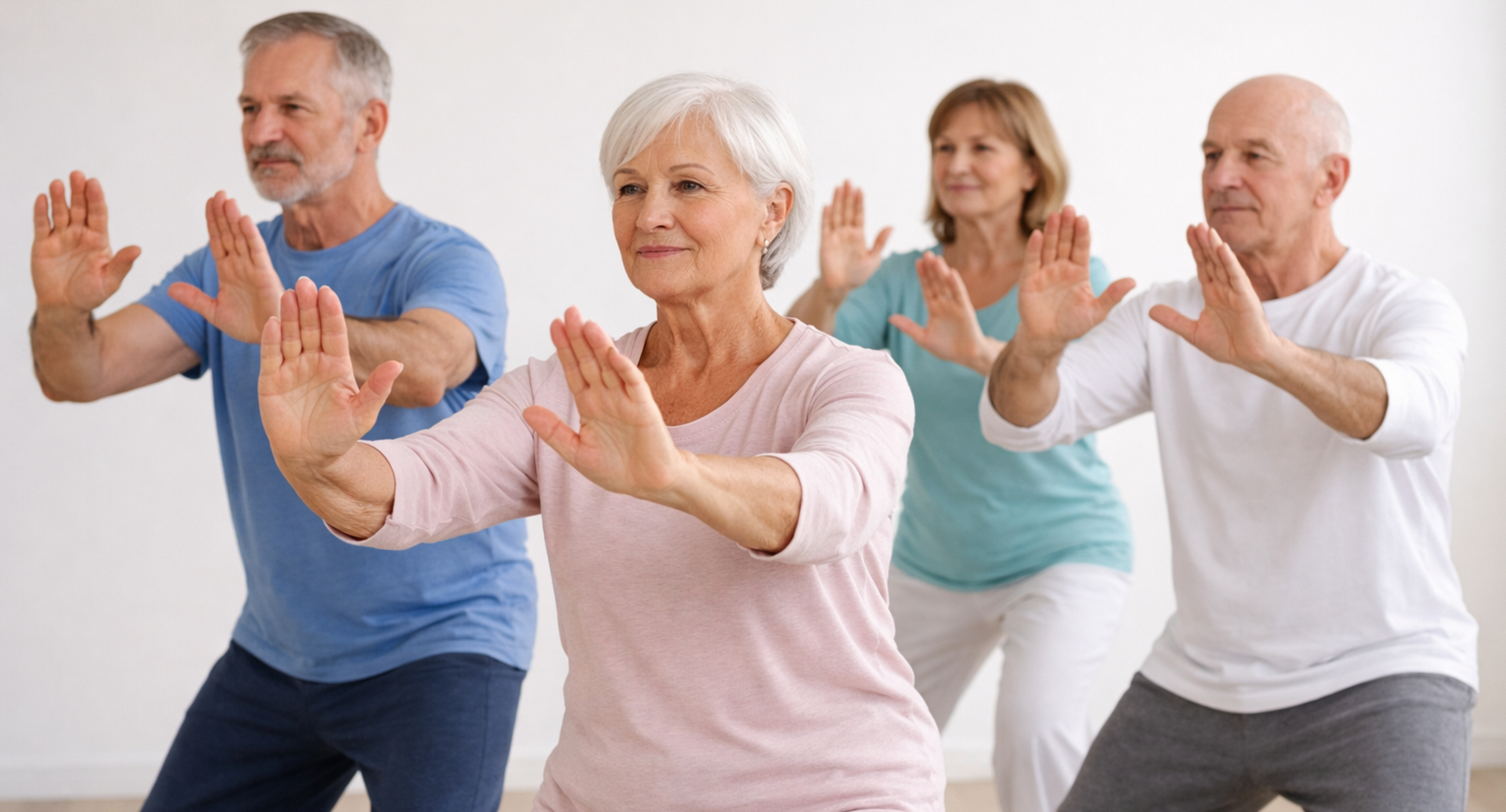 Qigong Gruppe Vier Leute machen Qigong indoor.