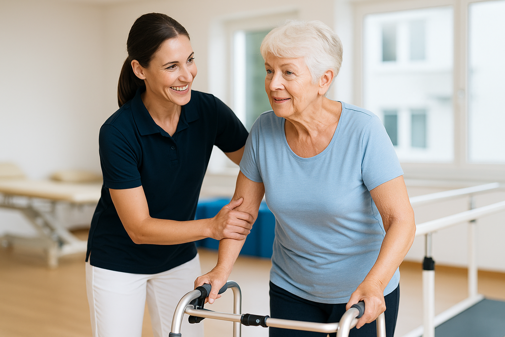 Gangtraining Eine Therapeutin unterstützt eine Patientin beim Gangtraining mit Gehhilfe.