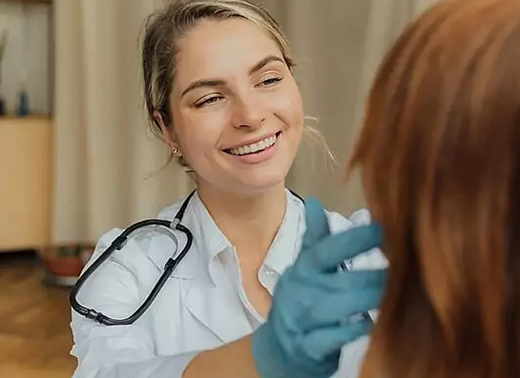 Ärztin Behandlung Eine freundliche Ärztin untersucht eine Patientin.