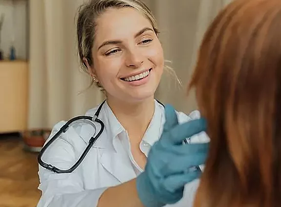 Ärztin Behandlung Eine freundliche Ärztin untersucht eine Patientin.