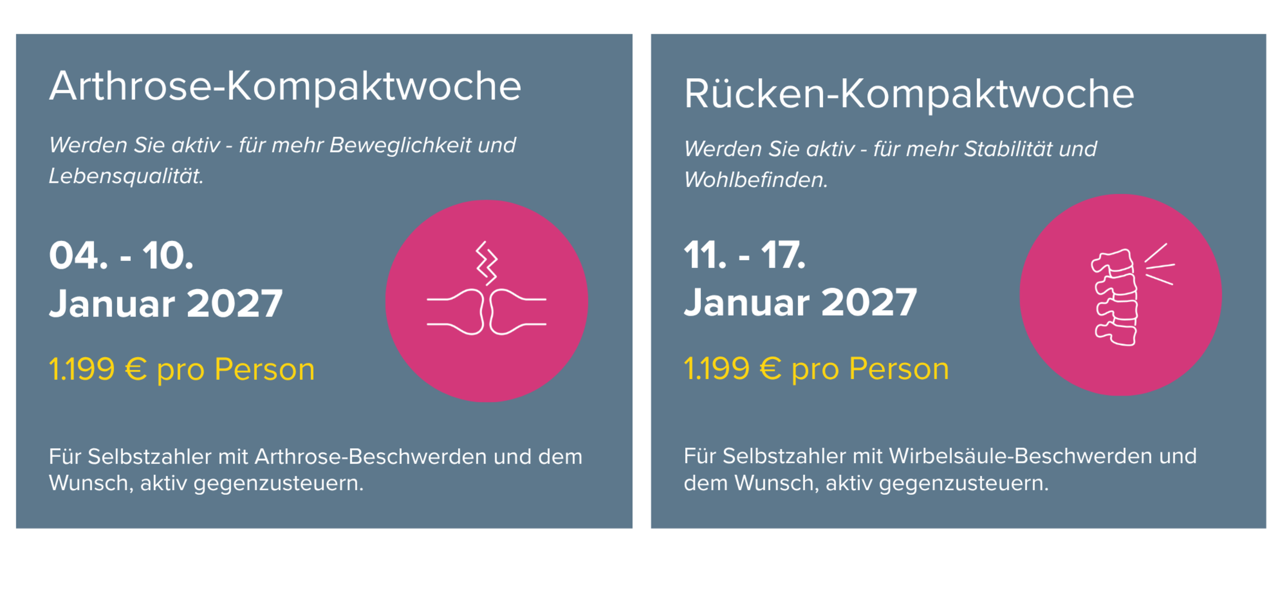 Angebote Arthrose- und Rücken-Kompaktwoche Daten zu Arthrose- und Rücken-Kompaktwoche
