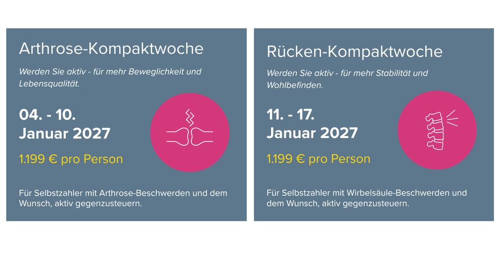 Angebote Arthrose- und Rücken-Kompaktwoche Daten zu Arthrose- und Rücken-Kompaktwoche