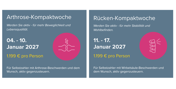 Angebote Arthrose- und Rücken-Kompaktwoche Daten zu Arthrose- und Rücken-Kompaktwoche