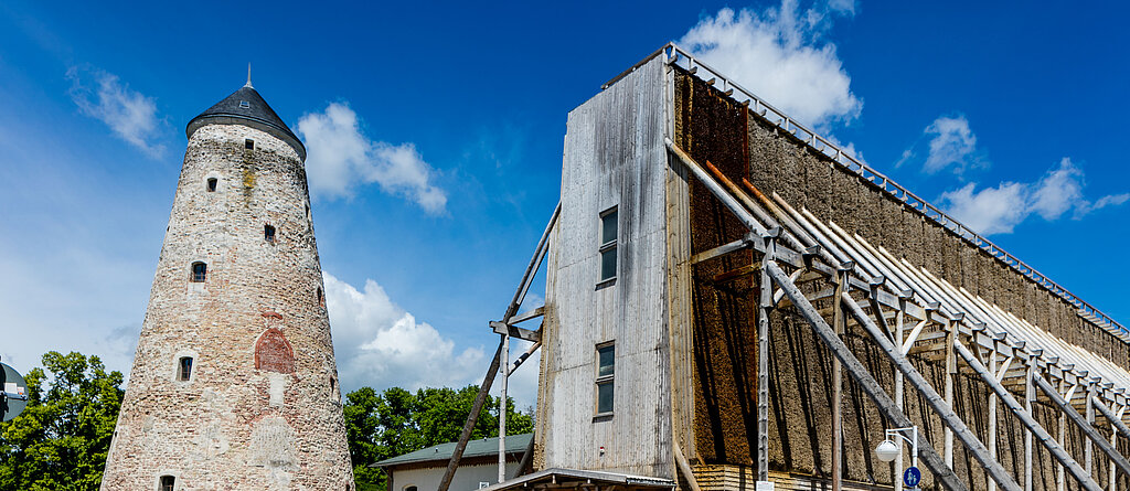 Das Bild zeigt den Soleturm und das Gradierwerk Bad Salzelmen.