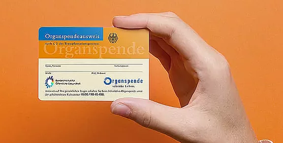 Ein Organspendeausweis wird in der Hand gehalten.
