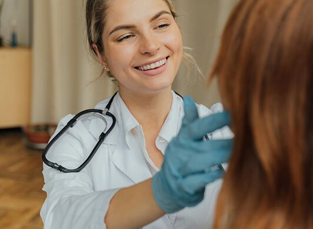 Ärztin Untersuchung Eine freundlich lächelnde Ärztin untersucht eine Patientin.