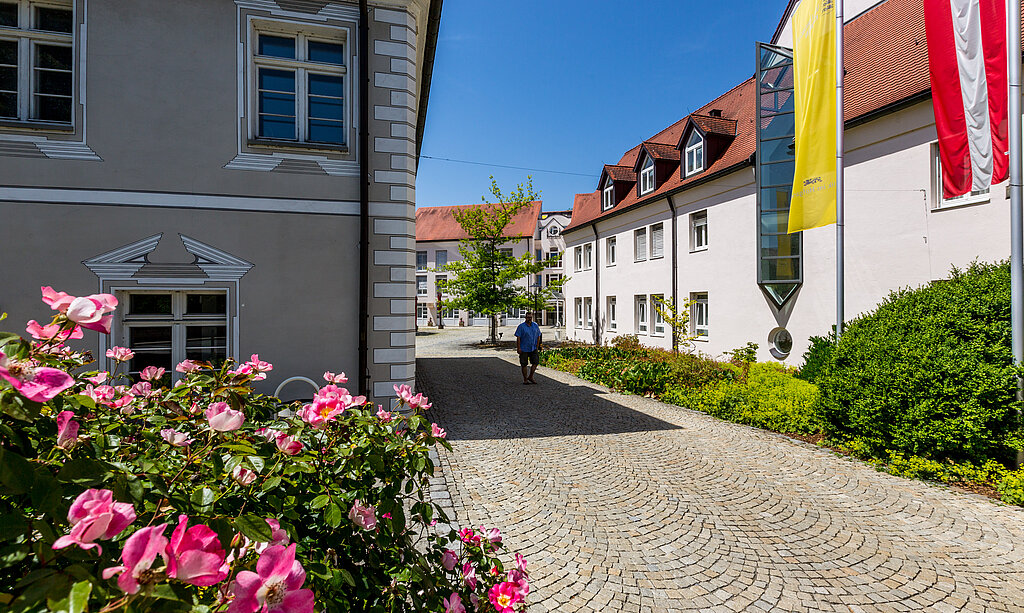Zugang zur Klinik im Hofgarten mit gepflastertem Weg, Blumenbeeten und Gebäuden mit Fahnen an der Fassade