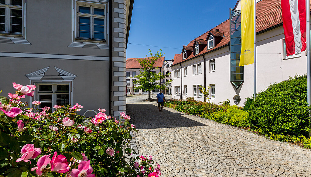 Zugang zur Klinik im Hofgarten mit gepflastertem Weg, Blumenbeeten und Gebäuden mit Fahnen an der Fassade