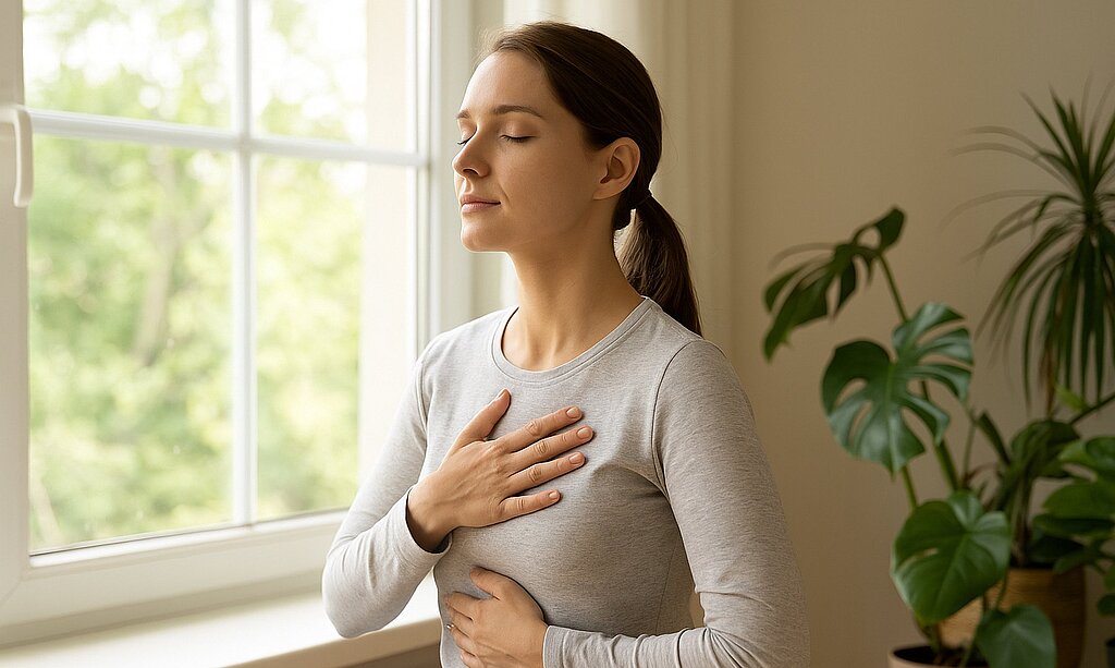 Eine Frau atmet tief ein mit den Händen auf dem Brustbein.
