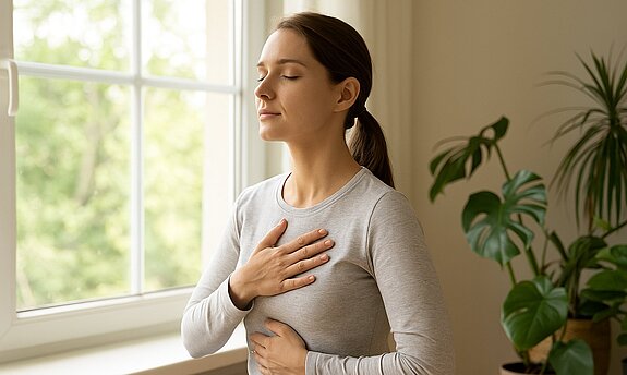 Eine Frau atmet tief ein mit den Händen auf dem Brustbein.