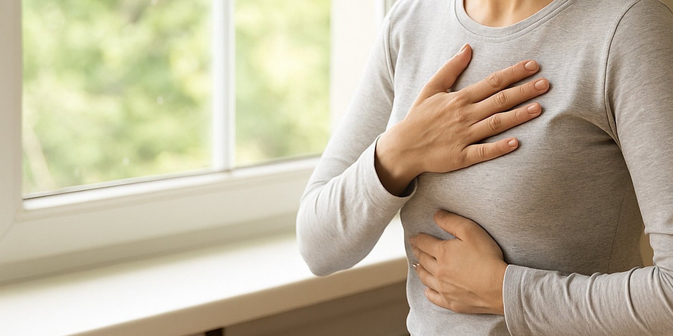 Eine Frau atmet tief ein mit den Händen auf dem Brustbein.