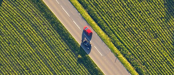 Luftaufnahme einer Landstraße mit zwei Autos, umgeben von grüner Landschaft.