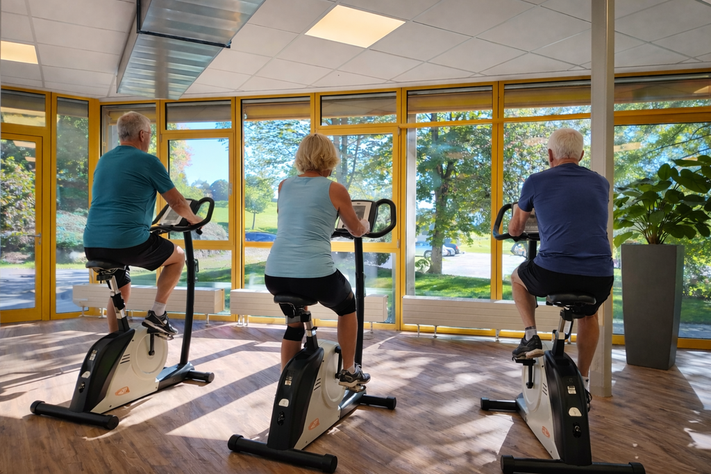 Patienten trainieren auf Fahrradergometern mit Blick ins Grüne.