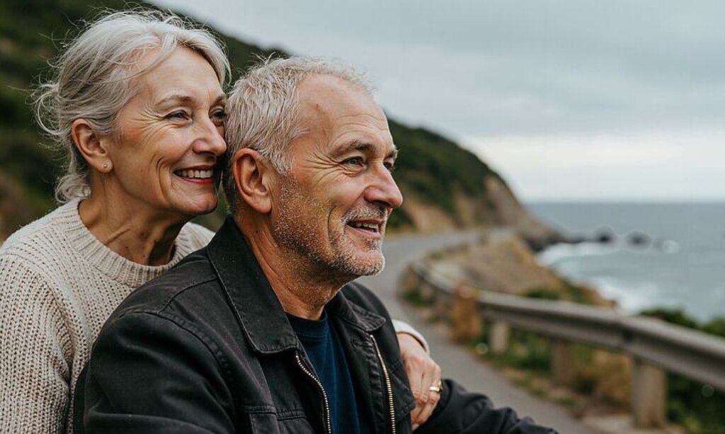 Ein Ehepaar im Rentenalter schaut gemeinsam auf das Meer hinaus.