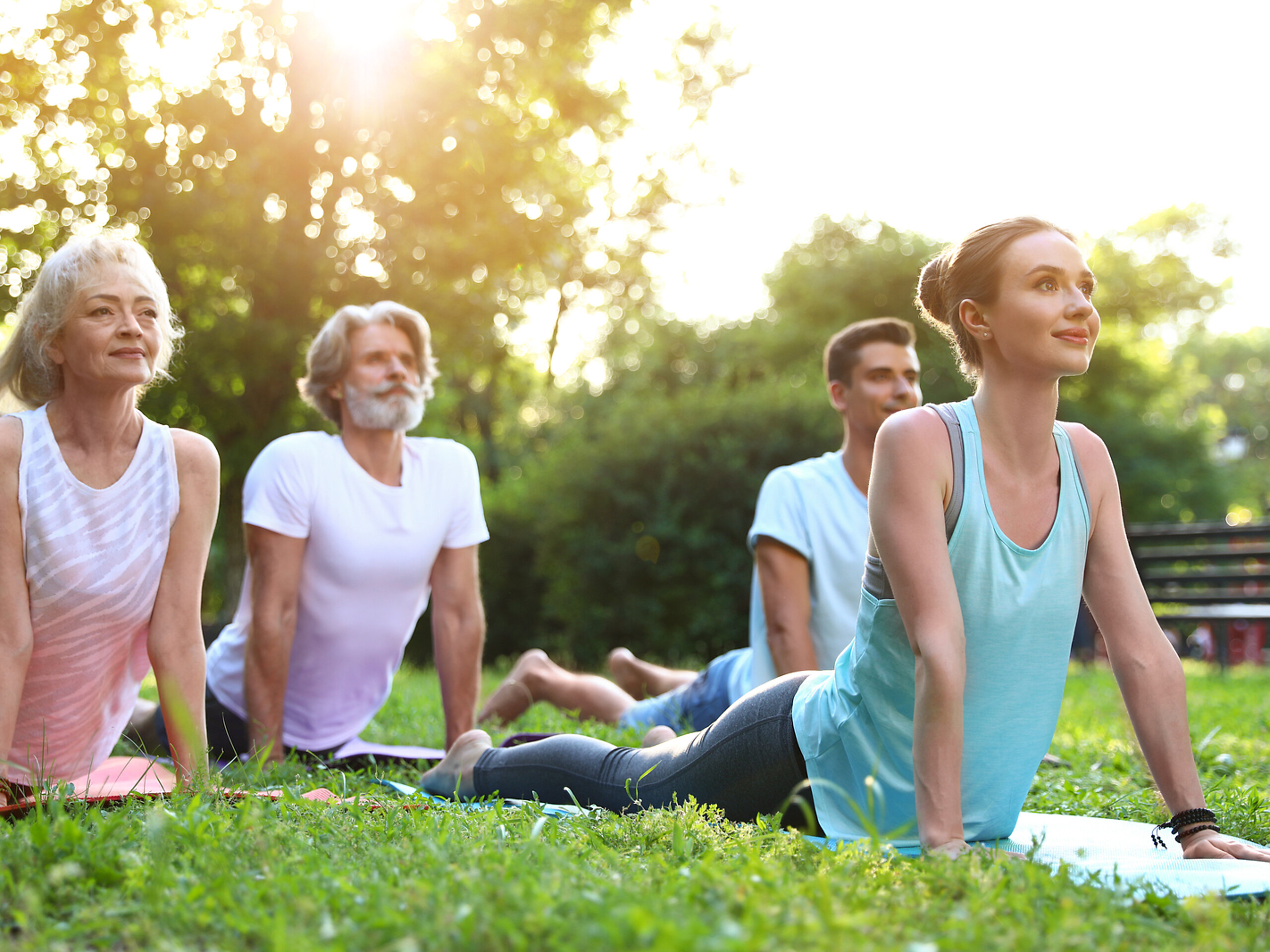 Eine Gruppe macht Dehnübungen auf einer Wiese.