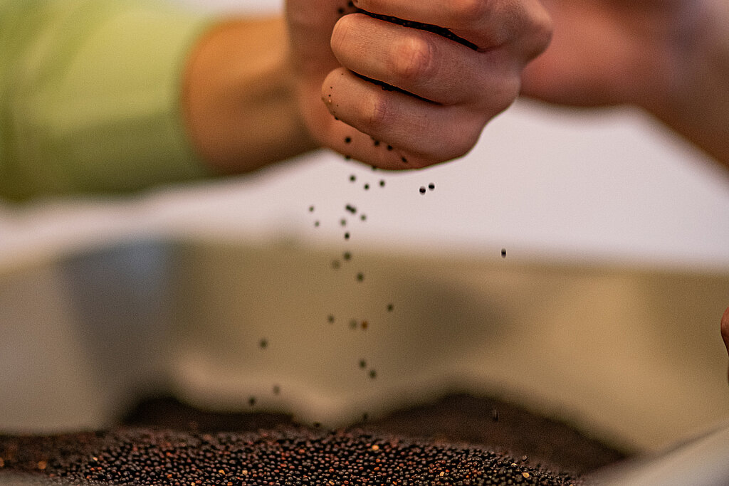 Eine Hand greift in eine ergonomische Sandbox.