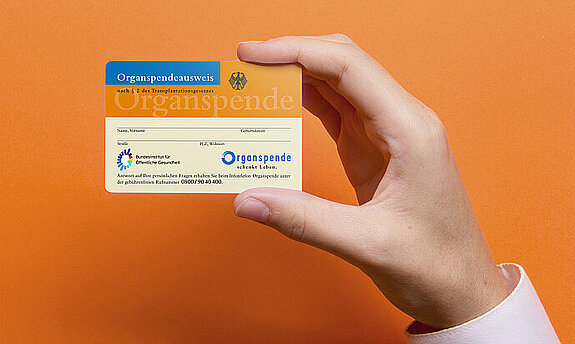 Ein Organspendeausweis wird in der Hand gehalten.