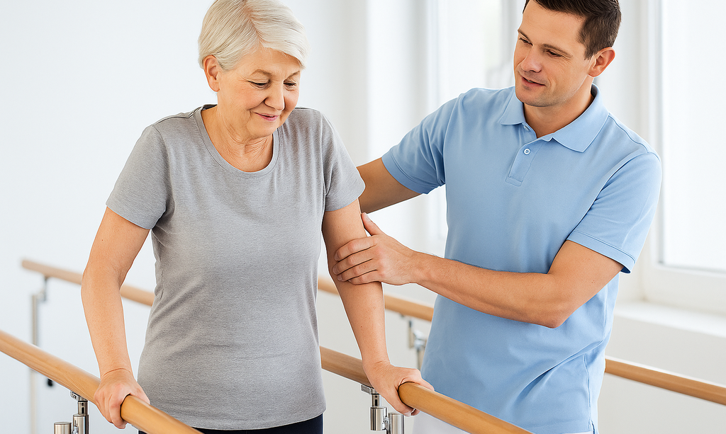 Eine Patientin wird im Gehbarren von einem Therapeuten unterstützt.