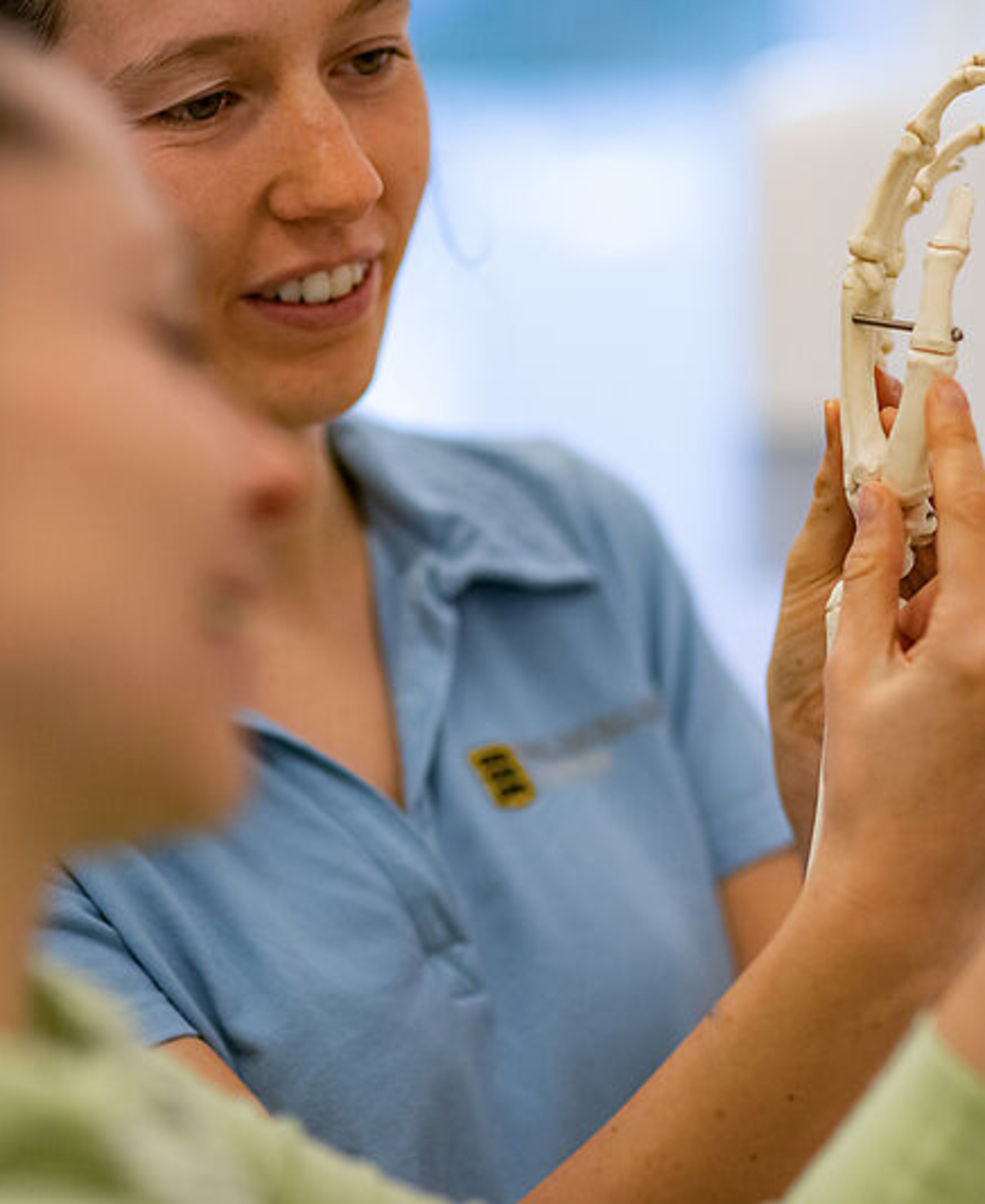 Ergotherapie Handmodel Eine Ergotherapeutin erklärt etwas an einem Handmodel.